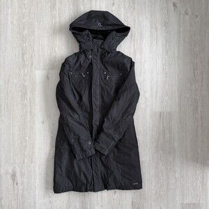 TNA Aritzia Parka Jacket Griffith Black Women M Sherpa Hood Slim Fit Mid-Length
